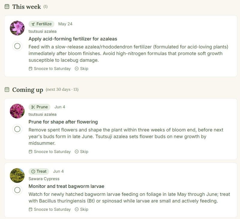 Plantagraph care schedule with upcoming plant-care tasks