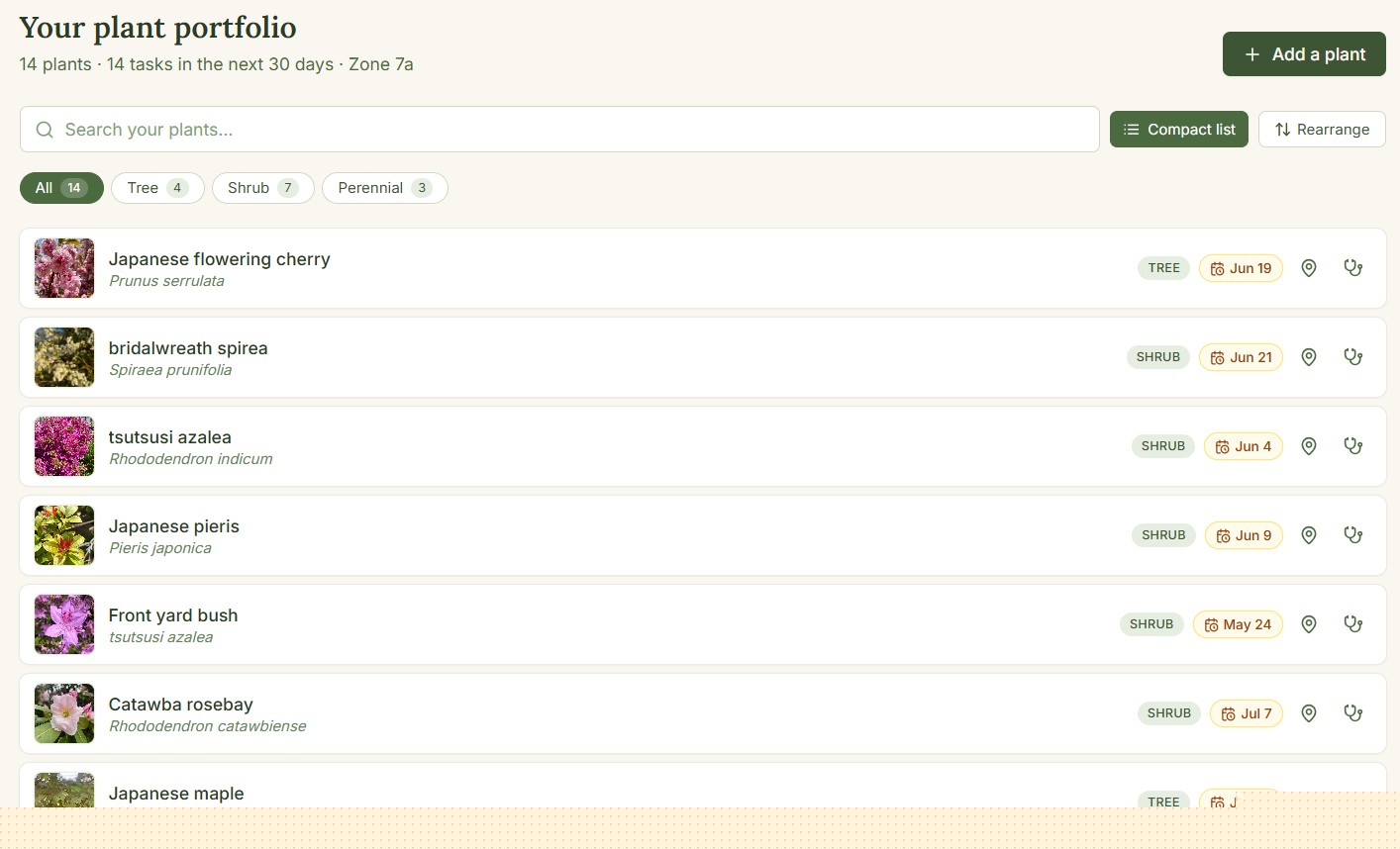 The Plantagraph plant portfolio — a searchable, reorderable list of every plant on your property